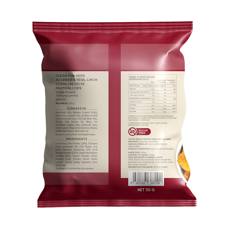 Clean Powders Protein Chips 50 Gr Acı Biber Yeşil Limon 12 Adet