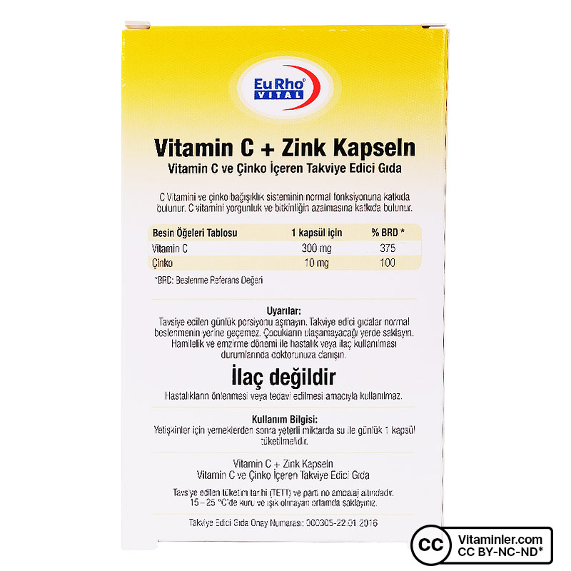 Eurho Vital Vitamin C + Zink 10 Mg 20 Kapsül