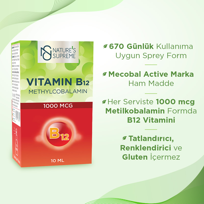 Nature's Supreme Vitamin B12 60 Kapsül + B12 Methylcobalamin 10 mL Sprey
