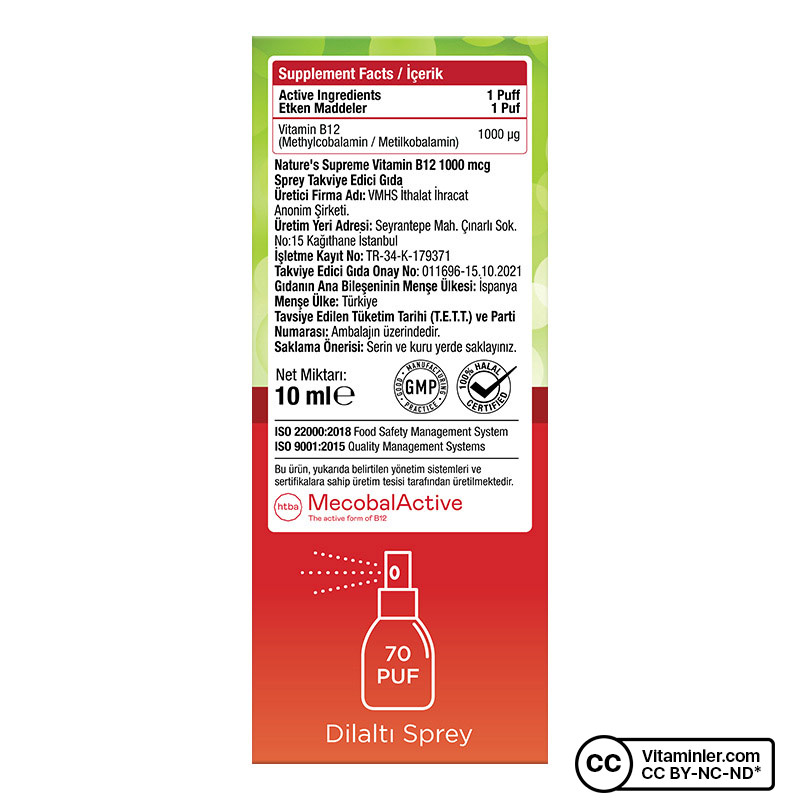 Nature's Supreme Vitamin B12 60 Kapsül + B12 Methylcobalamin 10 mL Sprey