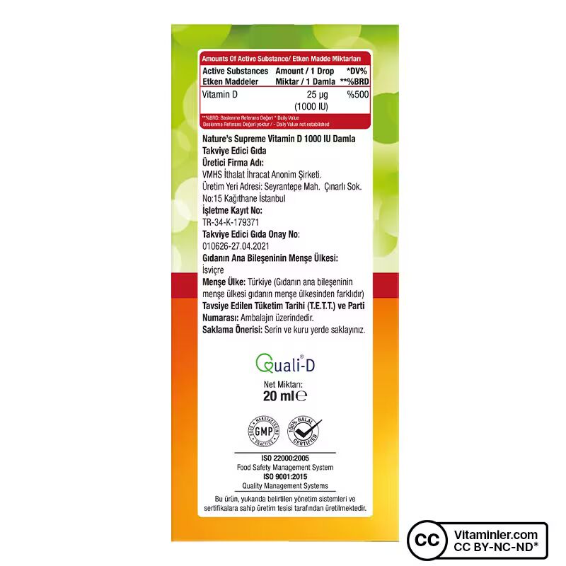 Nature's Supreme Vitamin D3 1000 IU 20 mL Damla 2 Adet