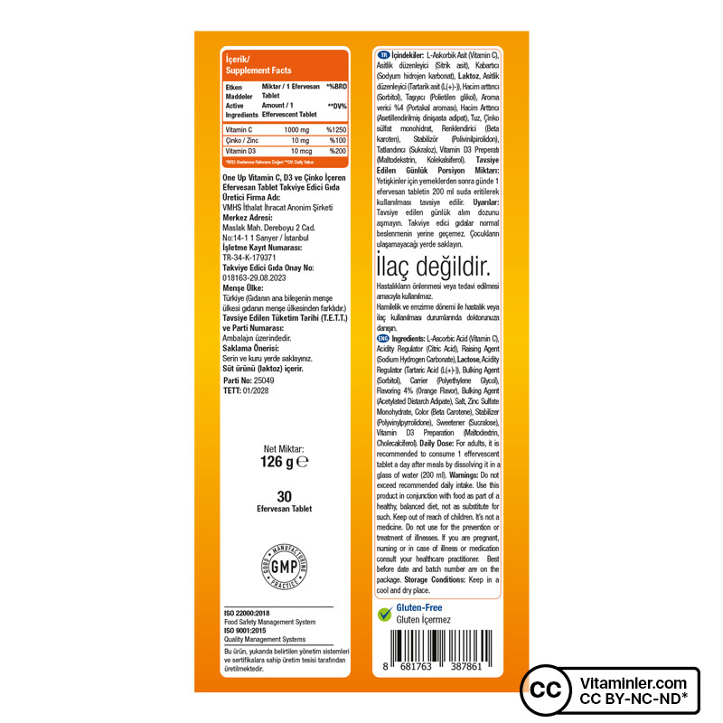 One Up Üçlü Etki C Vitamini + Çinko + D Vitamini 2 x 15 Efervesan Tablet