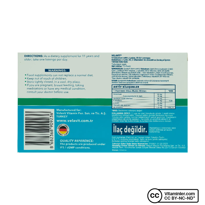 Velavit V-Colostrum with L-Lysine + Vit B2 Lozenges 15 Pastil