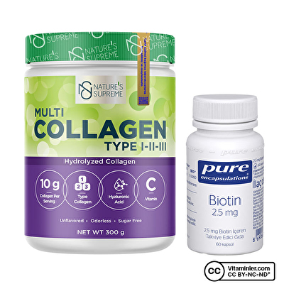 Nature's Supreme Multi Collagen Powder + Pure Encapsulations Biotin 60 Kapsül