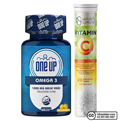 One Up Omega 3 1000 Mg 60 Kapsül  + Nature's Supreme Vitamin C + Zinc 20 Efervesan Tablet