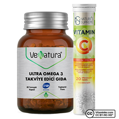 Venatura Ultra Omega 3 60 Kapsül + Nature's Supreme Vitamin C + Zinc 20 Efervesan Tablet